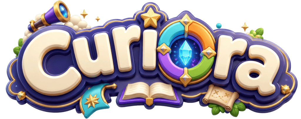 Logo da Curiora: um portal de quatro cores com cristal central